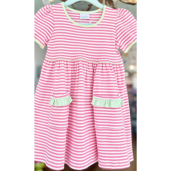 Stitchy Fish Other - Boutique style pink & white striped girls “Everly” dress w/ flutter short sleeve